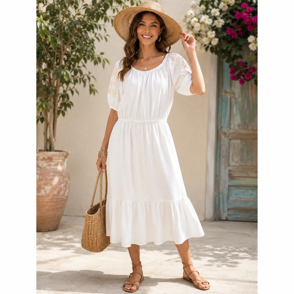 Knox Rose Women's SZ L White Tiered Dress With Shoulder Embroidery NWT